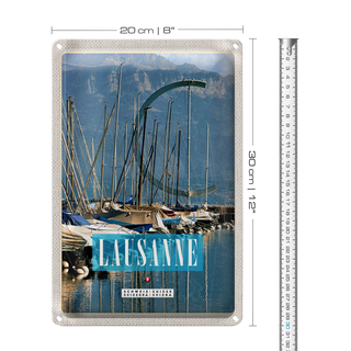Blechschild Reise 20x30cm Lausanne Schweiz Boote Gebirge Wälder