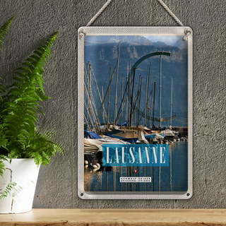 Blechschild Reise 20x30cm Lausanne Schweiz Boote Gebirge Wälder