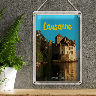 Blechschild Reise 20x30cm Lausanne Schloss See Schweiz Reiseziel