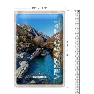 Blechschild Reise 20x30cm Verzascatal Brücke Gebirge Fluss Natur