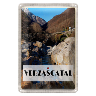Blechschild Reise 20x30cm Verzascatal Brücke Wälder Fluss Natur