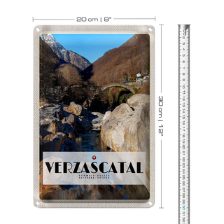 Blechschild Reise 20x30cm Verzascatal Brücke Wälder Fluss Natur