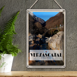 Blechschild Reise 20x30cm Verzascatal Brücke Wälder Fluss Natur