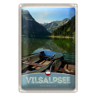 Blechschild Reise 20x30cm Vilsalpsee Österreich Wälder Boot