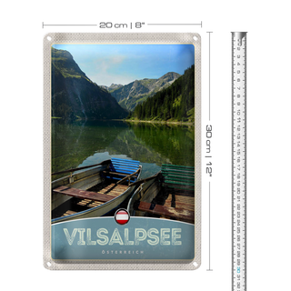 Blechschild Reise 20x30cm Vilsalpsee Österreich Wälder Boot