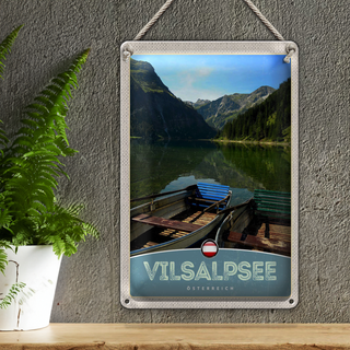 Blechschild Reise 20x30cm Vilsalpsee Österreich Wälder Boot