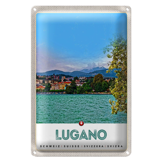 Blechschild Reise 20x30cm Lugano Schweiz See Ausblick auf Stadt