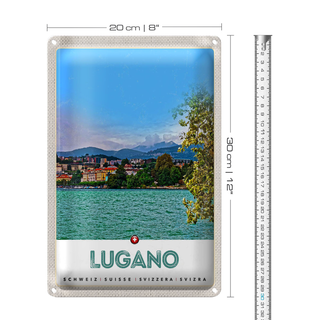Blechschild Reise 20x30cm Lugano Schweiz See Ausblick auf Stadt