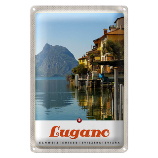 Blechschild Reise 20x30cm Lugano Schweiz See Ausblick auf Berg