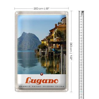 Blechschild Reise 20x30cm Lugano Schweiz See Ausblick auf Berg