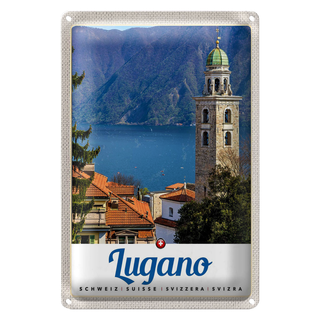 Blechschild Reise 20x30cm Lugano Schweiz See Kirche Gebirge