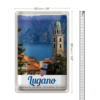 Blechschild Reise 20x30cm Lugano Schweiz See Kirche Gebirge