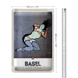 Blechschild Reise 20x30cm Basel Schweiz nackte Frau Graffiti