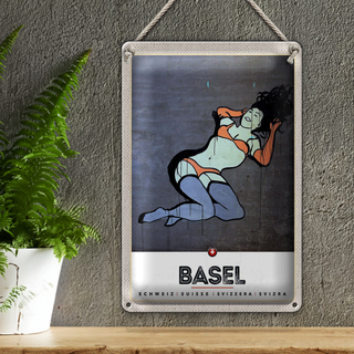 Blechschild Reise 20x30cm Basel Schweiz nackte Frau Graffiti