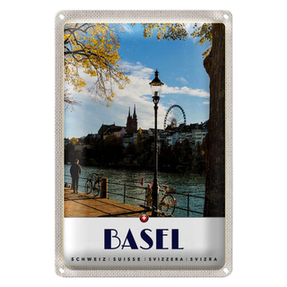 Blechschild Reise 20x30cm Basel Schweiz Fluss Riesenrad Natur