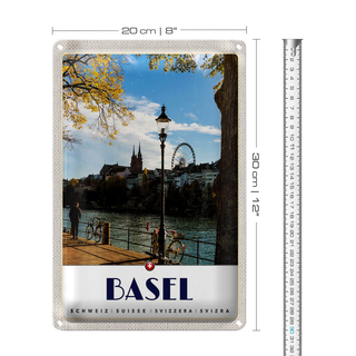 Blechschild Reise 20x30cm Basel Schweiz Fluss Riesenrad Natur