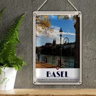 Blechschild Reise 20x30cm Basel Schweiz Fluss Riesenrad Natur