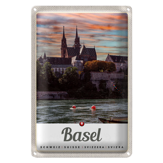 Blechschild Reise 20x30cm Basel Schweiz Fluss Natur Architektur