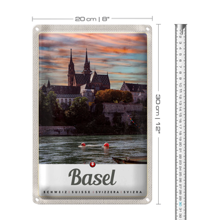 Blechschild Reise 20x30cm Basel Schweiz Fluss Natur Architektur