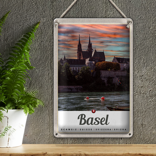 Blechschild Reise 20x30cm Basel Schweiz Fluss Natur Architektur