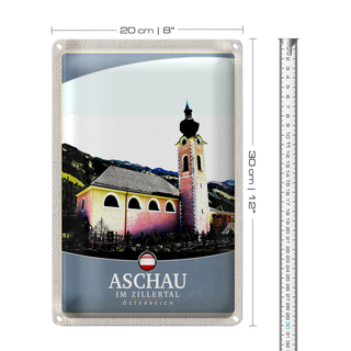 Blechschild Reise 20x30cm Aschau im Zillertal Österreich Kirche