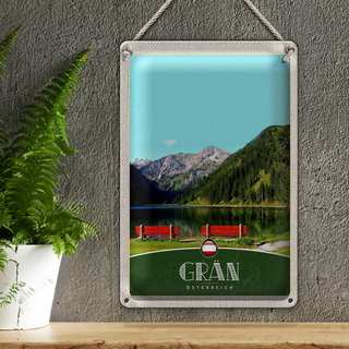 Blechschild Reise 20x30cm Grän Österreich rote Bank Wälder Natur