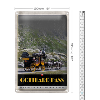Blechschild Reise 20x30cm Gotthard Pass Schweiz Pferdekutsche