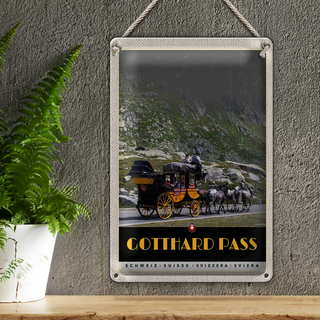 Blechschild Reise 20x30cm Gotthard Pass Schweiz Pferdekutsche