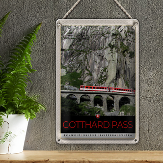 Blechschild Reise 20x30cm Gotthard Pass Schweiz rote Lokomotive