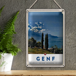 Blechschild Reise 20x30cm Genf Schweiz See Natur Himmel Urlaub