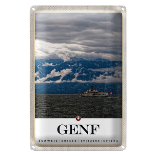 Blechschild Reise 20x30cm Genf Schweiz Schiffe Gebirge Himmel