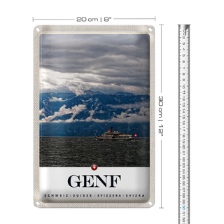 Blechschild Reise 20x30cm Genf Schweiz Schiffe Gebirge Himmel