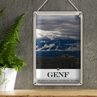 Blechschild Reise 20x30cm Genf Schweiz Schiffe Gebirge Himmel