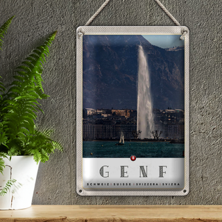Blechschild Reise 20x30cm Genf Schweiz Gebäude Gebirge Himmel