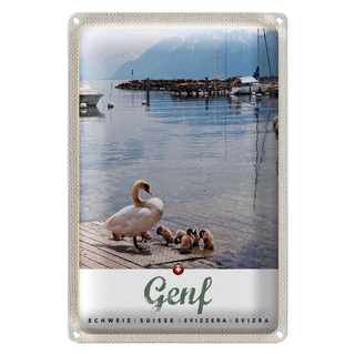 Blechschild Reise 20x30cm Genf Ente See Boot Natur Urlaub Berge