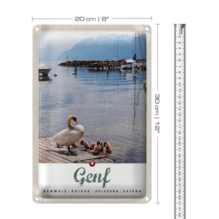 Blechschild Reise 20x30cm Genf Ente See Boot Natur Urlaub Berge