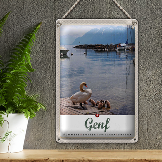 Blechschild Reise 20x30cm Genf Ente See Boot Natur Urlaub Berge