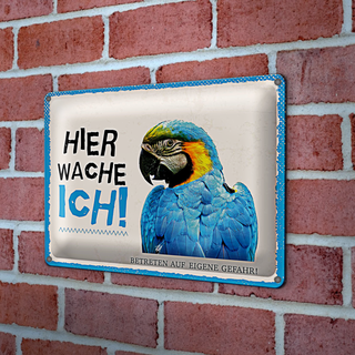 Blechschild Spruch 30x20cm Papagei hier wache ich eigene Gefahr