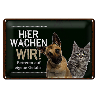 Blechschild Spruch 30x20cm Hund Katze hier wachen wir schwarzes Schild
