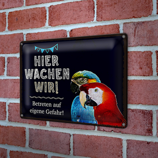 Blechschild Spruch 30x20cm Papageien hier wachen wir