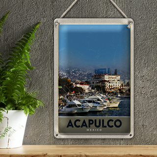 Blechschild Reise 20x30cm Acapulco Mexiko Yacht Gebirge Meer