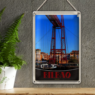 Blechschild Reise 20x30cm Bilbao Spanien Europa rote Brücke