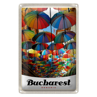 Blechschild Reise 20x30cm Bukarest Rumänien Regenschirm bunt
