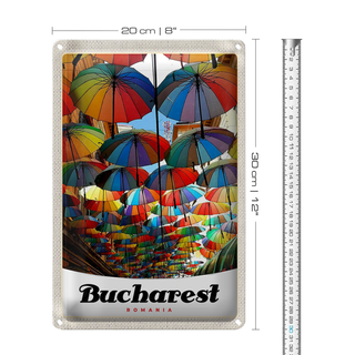 Blechschild Reise 20x30cm Bukarest Rumänien Regenschirm bunt
