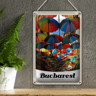 Blechschild Reise 20x30cm Bukarest Rumänien Regenschirm bunt