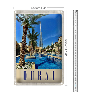 Blechschild Reise 20x30cm Dubai Palmen Wolkenkratzer Urlaub