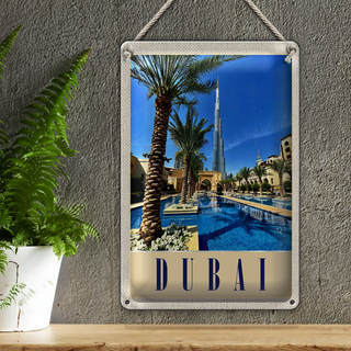 Blechschild Reise 20x30cm Dubai Palmen Wolkenkratzer Urlaub