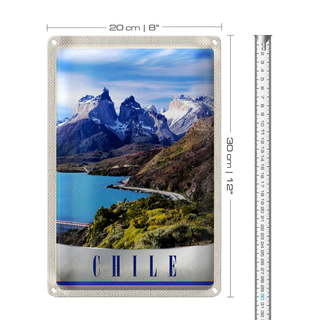 Blechschild Reise 20x30cm Chile Gebirge Meer Natur Schnee