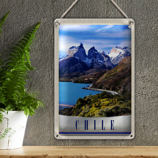 Blechschild Reise 20x30cm Chile Gebirge Meer Natur Schnee