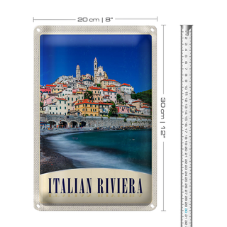 Blechschild Reise 20x30cm Italien Riviera Stadt Strand Wellen